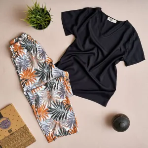 Women summer pajama set Black top   Havane leaves pants