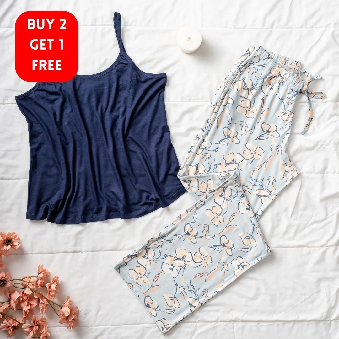 Women summer pajama set Dark blue Top  Baby Blue Floral pants