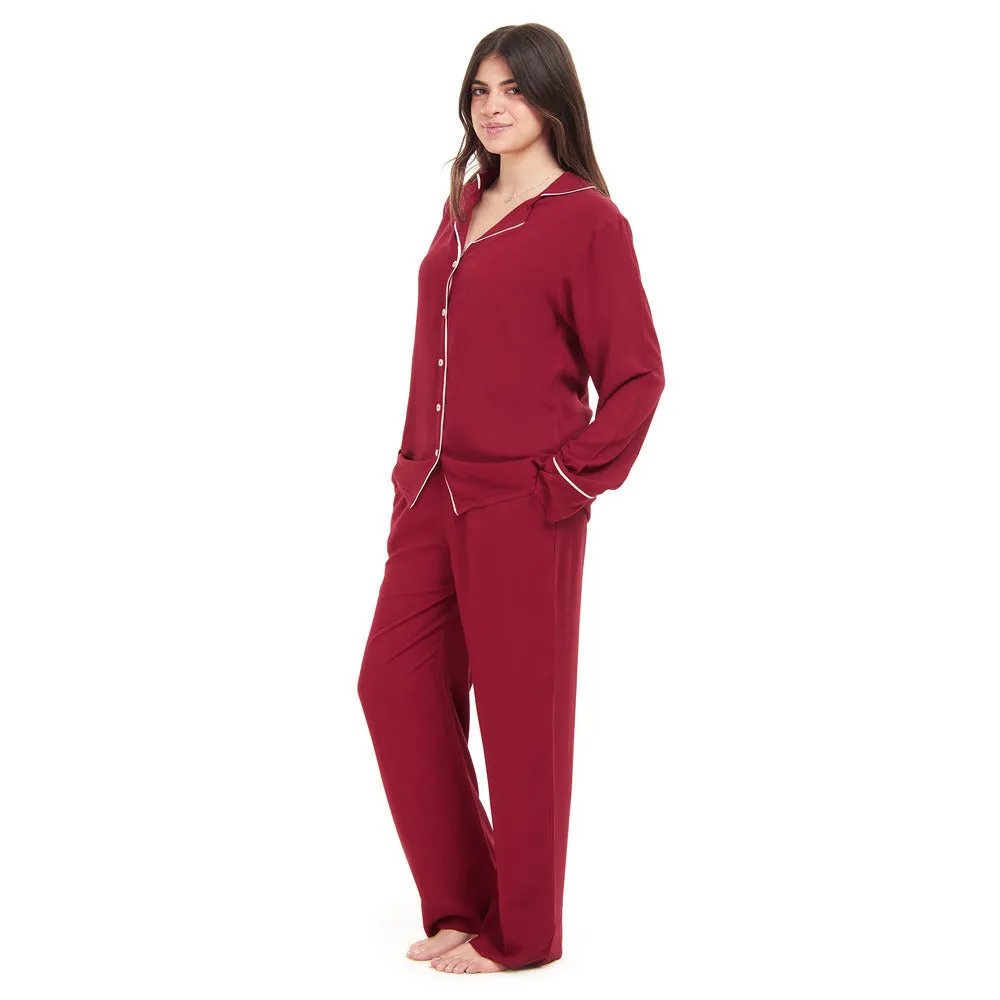 Women summer pajama set Dark red buttoned shirt   Pants