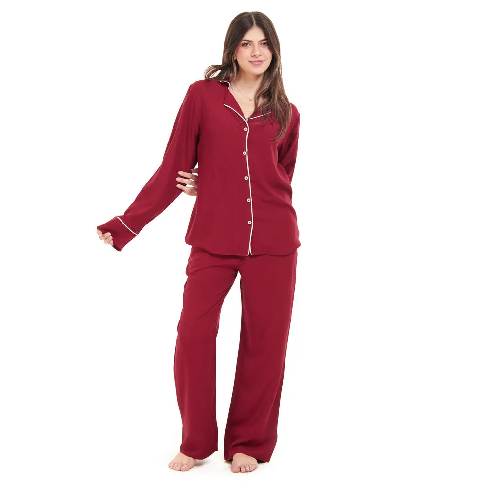 Women summer pajama set Dark red buttoned shirt   Pants