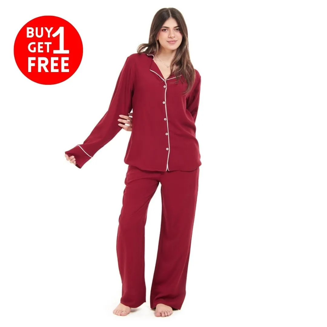 Women summer pajama set Dark red buttoned shirt   Pants