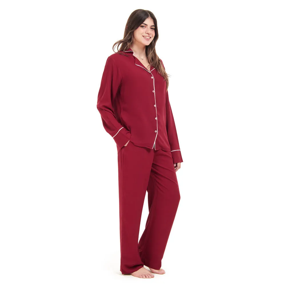 Women summer pajama set Dark red buttoned shirt   Pants