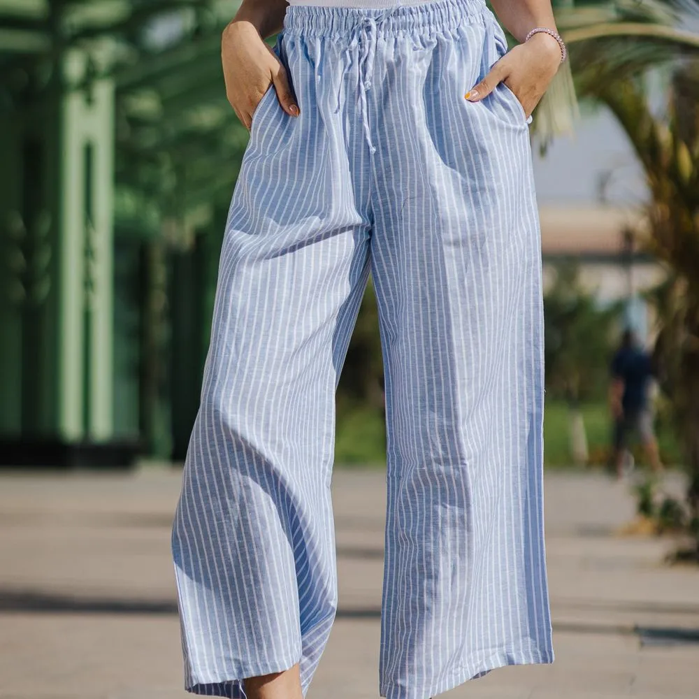 Women summer wide leg pants Light blue stripes