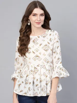 Women White & Brown Printed A-Line Top