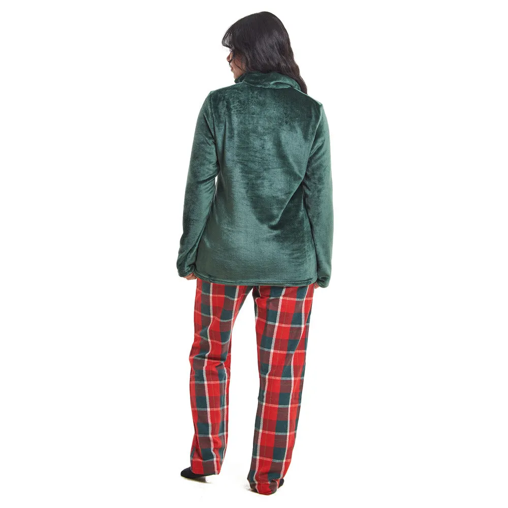 Women Winter Pajama Set Dark Green Sweatshirt   Dark Green x Red Checkered Pants