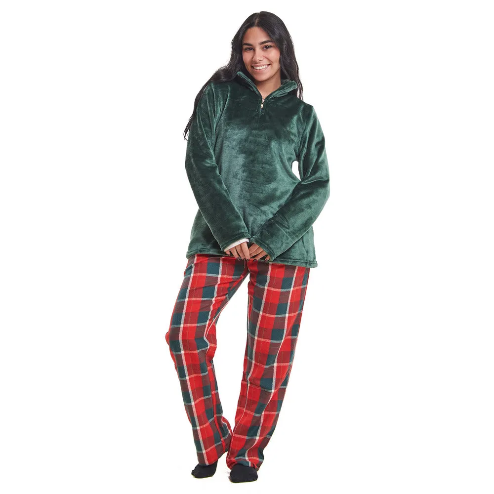 Women Winter Pajama Set Dark Green Sweatshirt   Dark Green x Red Checkered Pants