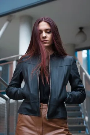 Womens Casual Bomber Black Leather Jacket