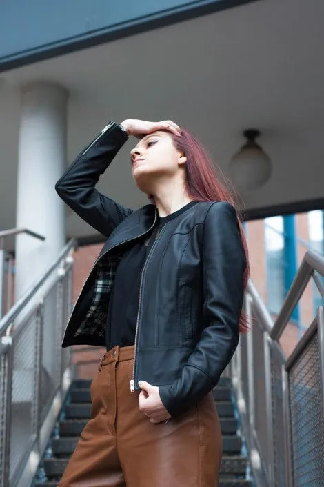 Womens Casual Bomber Black Leather Jacket