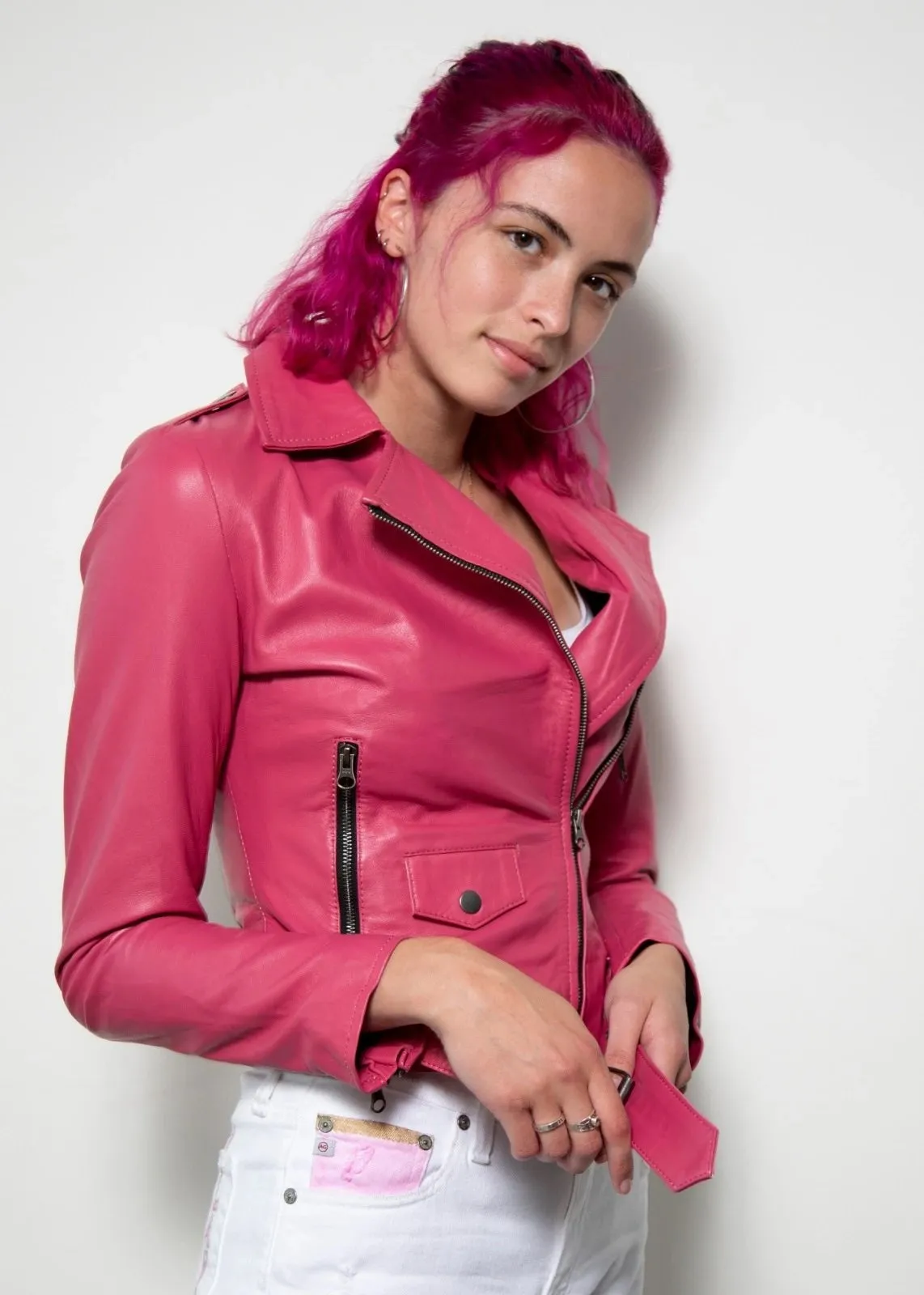 WOMENS STYLISH PINK BIKER LEATHER JACKET