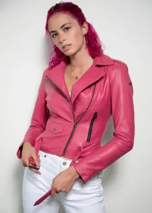 WOMENS STYLISH PINK BIKER LEATHER JACKET