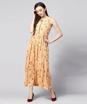 Yellow Printed Sleeveless Rayon A-Line Maxi Dress With Button  In Yokr